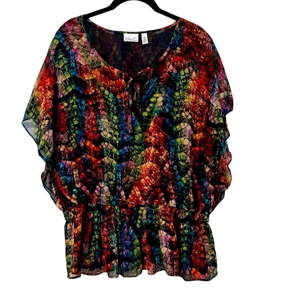Kim Rogers Short‎ Sleeve Keyhole Neck Peasant Blouse Multicolor Size Large - Picture 1 of 5